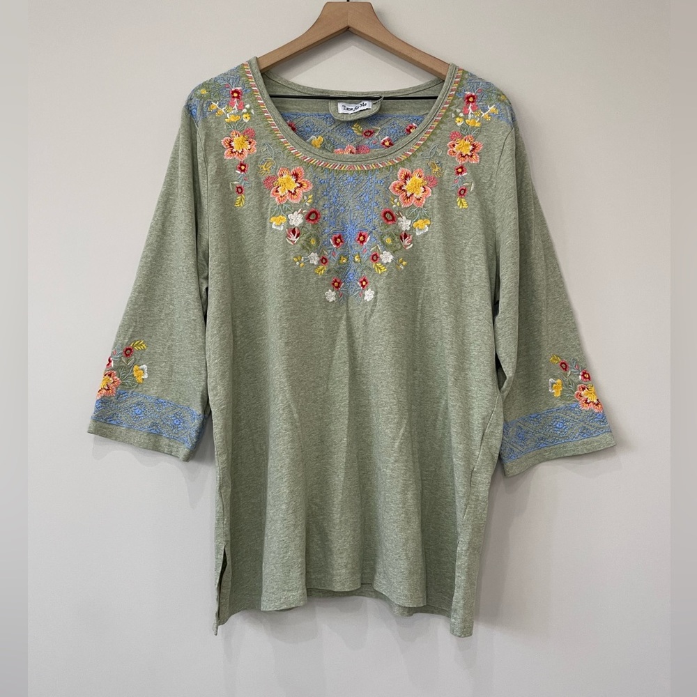 Time for Me embroidered floral 3/4 sleeve light green top 1X